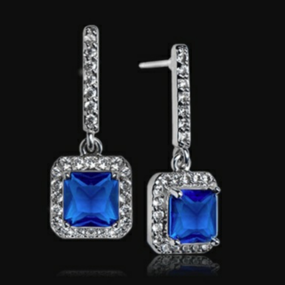NEW white gold plated blue jewel square drop earri